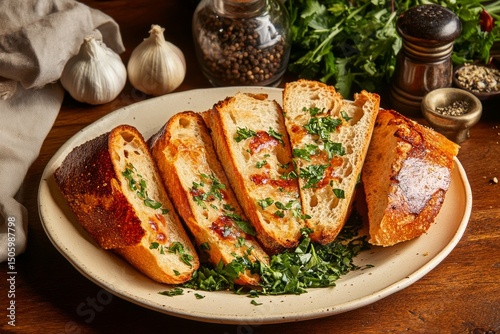 Freshly Baked Bread With Garlic, Herbs, and Vegetables on a Rustic Table.