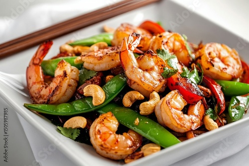 Shrimp Stir Fry With Vegetables and Cashews Served Over Rice in a Bowl.