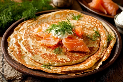 Savory Pancakes With Salmon and Cream on a Rustic Wooden Table.
