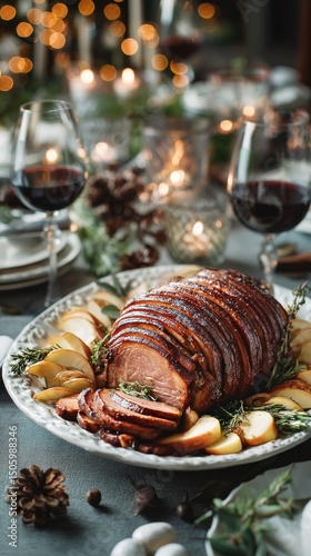 Festive Dinner With Roasted Meat and Garnished Apples in a Cozy Setting