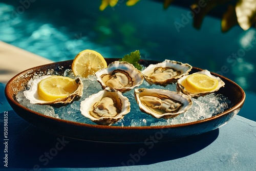 Delicious Fresh Oysters Served on Ice With Lemon and Garnish at a Coastal Res...