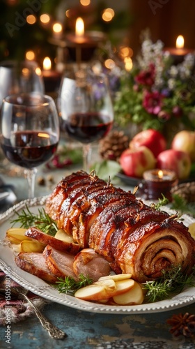 Delicious Roast Pork Served With Apples and Red Wine During a Festive Gathering