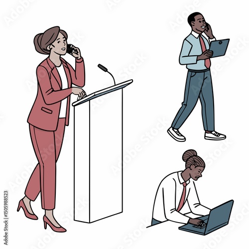 woman speaking at podium,smart casual suit standing at podium,businessman taking notes