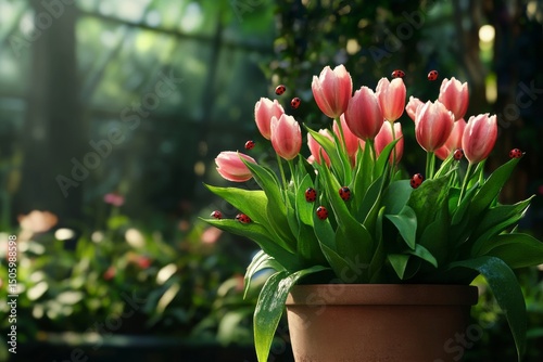 Pink Tulips in a Sunny Greenhouse Create a Tranquil Atmosphere During Springtime
