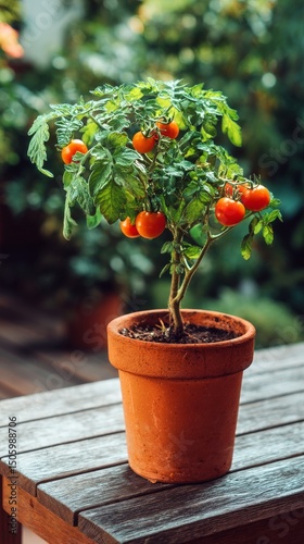 Growing Ripe Tomatoes in a Terracotta Pot on a Wooden Table Outdoors.