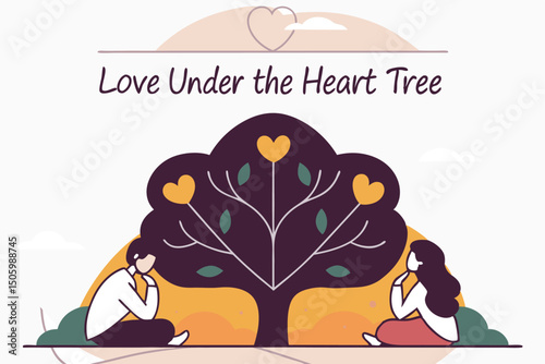 Romantic illustration of a couple meditating and contemplating under a love heart tree