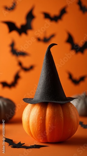 Halloween Decorations Feature a Pumpkin Wearing a Witch Hat Against an Orange...