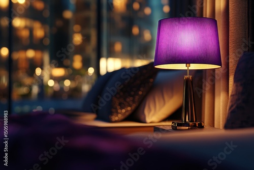 Bright Purple Lamp Illuminating a Cozy Bedroom at Night With City Lights in t...