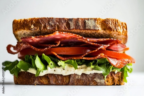 Delicious Sandwich Stacked With Fresh Ingredients and Savory Meats on Wholeso...