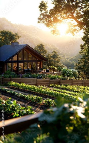 Serene Countryside House Surrounded by Lush Gardens at Sunset