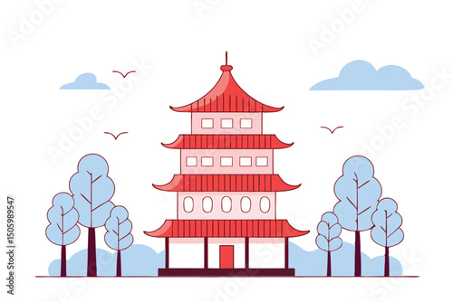 Simple illustration of a traditional asian pagoda in a serene landscape with trees