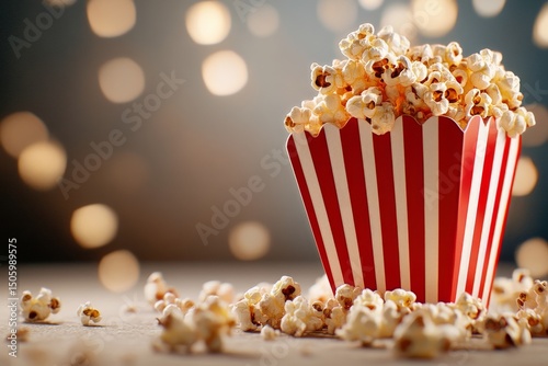 Delicious Popcorn in a Striped Container With Sparks and Blurred Background D...