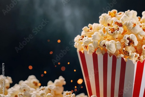 Delicious Popcorn in a Striped Container With Sparks and Blurred Background D...