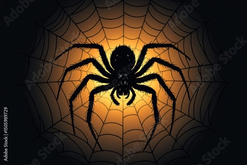 A chilling spider silhouetted against its glowing web preparing for Halloween night in soft amber