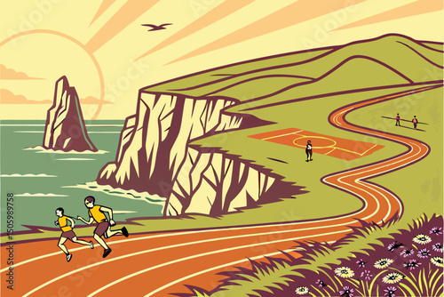 illustration of athletes playing football cycling  