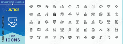 Justice linear icon set. Web icons pack. Contains outline symbols like crime, judge, judgement, law, criminal, court, judgment. Editable stroke. Vector illustration. Law modern icon set.