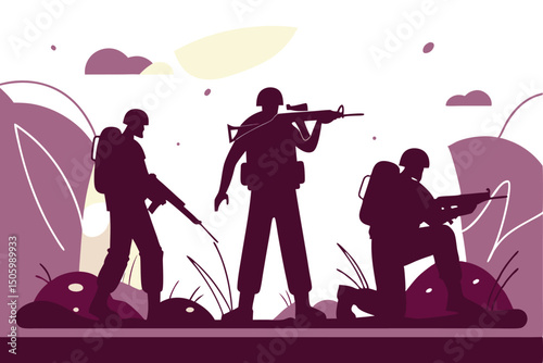 Silhouette illustration of three soldiers in a battlefield armed with rifles and ready for combat