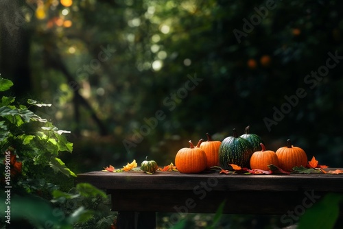 Autumn Pumpkins Arrange on Wooden Table Surrounded by Fall Foliage in Forest ...