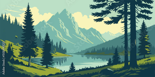 Vector Summer Nature Scene with Mountains, Trees, and Lake