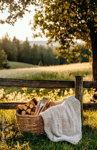 Basket Filled With Firewood Placed by a Rustic Fence in a Peaceful Meadow Dur...