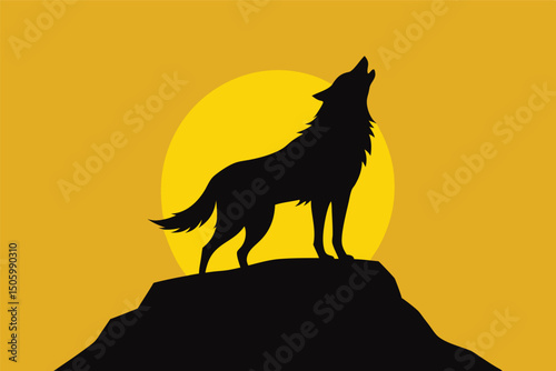 A lone wolf howls, a striking silhouette against the vibrant sunset sky, embodying the wild nature of the mammal