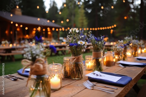 Rustic Outdoor Dinner Setup With Flower Arrangements and Twinkling Lights in ...