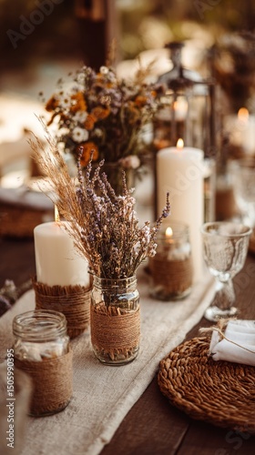 Rustic Table Setting With Flowers and Candles at Outdoor Gathering in Warm Su...