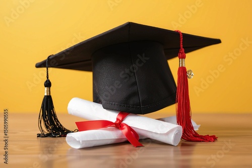 Graduation cap and diploma a symbol of achievement and bright future bright yellow background and