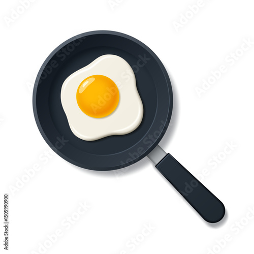 Frying eggs in a frying pan with a top view. Vector 3d illustration.