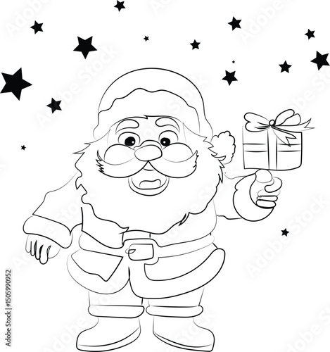 Cartoon vector illustration of a funny old man Santa Claus character with glasses, smiling and holding gifts, having fun with people and a child