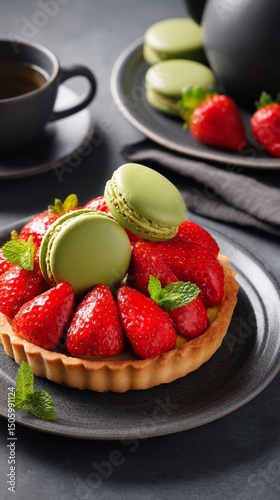 Delicious Strawberry Tart With Green Macarons Served on Elegant Plates in a M...