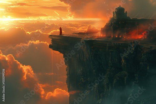 A lone figure stands atop a towering cliff, overlooking a dramatic sunset-lit scene of an ancient, mysterious temple built into the edge, shrouded by vibrant clouds.