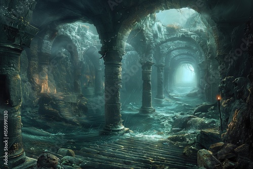 Mystical ancient ruins featuring water-covered floors and cascading light, creating an eerie yet magical atmosphere. Perfect for themes of exploration, mystery, and adventure in a fantastical realm.