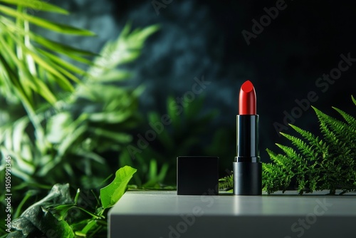 Bold Red Lipstick Displayed Among Lush Green Foliage in a Stylized Setting.