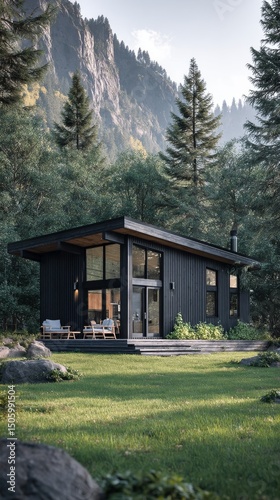 Modern Cabin Nestled Among Towering Trees in a Serene Mountainous Landscape D...