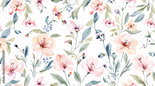 Seamless floral pattern, watercolor background pattern colorful flowers on white background