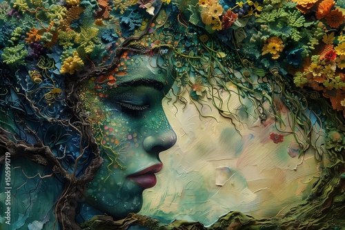 Artistic depiction of a woman's profile blended with nature elements such as flowers and trees, symbolizing harmony and connections between humans and the environment