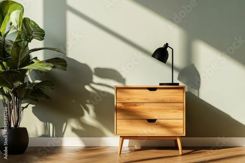 Stylish Interior Space With Wooden Nightstand and Green Plant Under Soft Sunl...