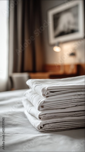 Neatly Stacked White Sheets on a Bed in a Cozy Hotel Room During the Evening