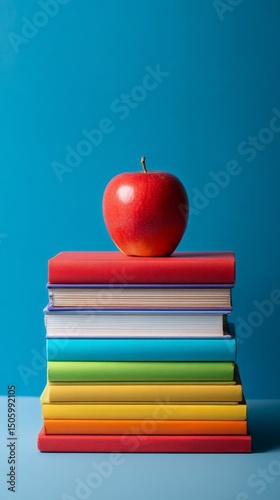 Bright Red Apple Resting on Colorful Stacked Books Against a Blue Background.