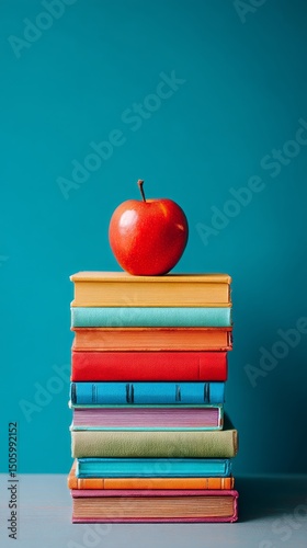 Stacked Colorful Books With a Red Apple Placed on Top for a Creative Learning...