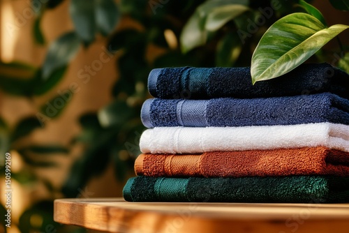 Stacked Towels in Warm Colors on Wooden Table Surrounded by Greenery in a Coz...