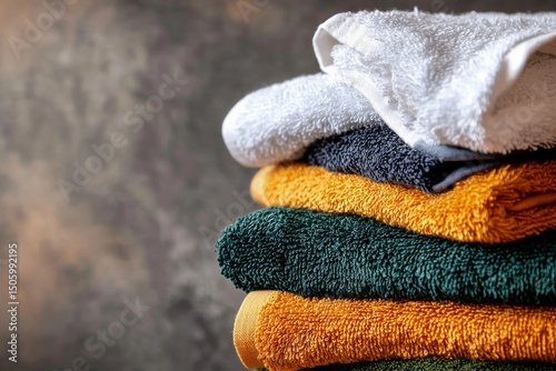 Soft Towels Neatly Stacked on a Wooden Surface Showcasing Warm Colors and Tex...