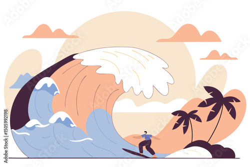 Surfer riding a large wave against a beach backdrop with palm trees and stylized clouds
