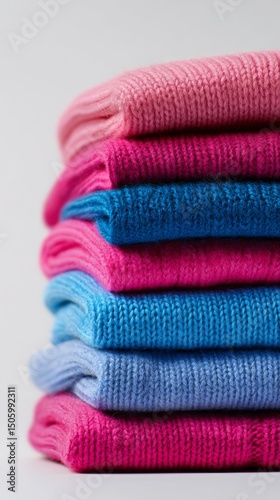 Colorful Knitted Sweaters Stacked Neatly for a Cozy Display on a Light Backgr...