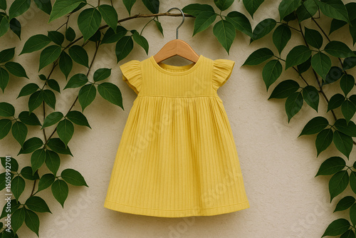 Yellow Dress Hanging on Wooden Hanger with Green Leaves