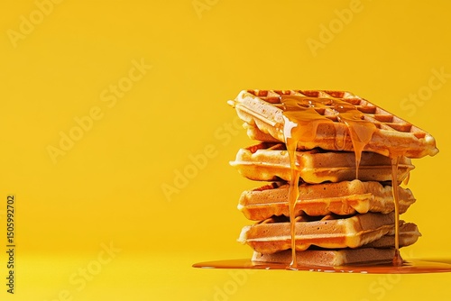 Warm Waffles Stacked High With Dripping Syrup Against a Vibrant Yellow Backgr...