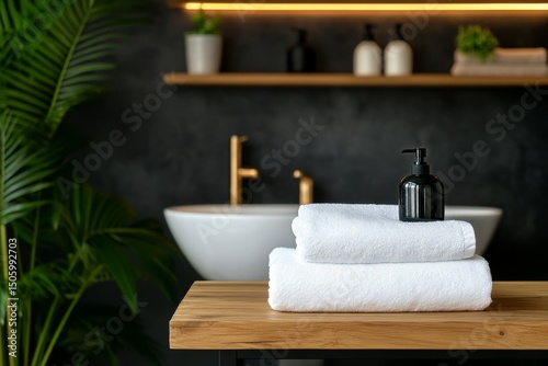 Relaxing Bathroom Setup With Fresh Towels and Green Plants Near a Wooden Shelf.