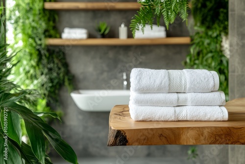 Soft White Towels Stacked on a Wooden Table in a Modern Bathroom Setting With...