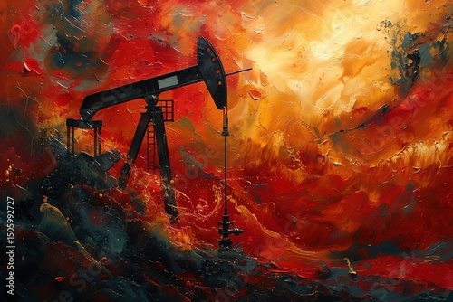 Dynamic and colorful depiction of an oil derrick amidst vibrant, fiery abstract colors, representing energy, industry, and natural resources
